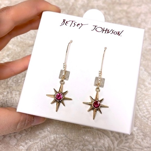 Brand New Betsey Johnson Gold Tone Celestial Star Pink Stone Drop Earrings - Picture 4 of 15